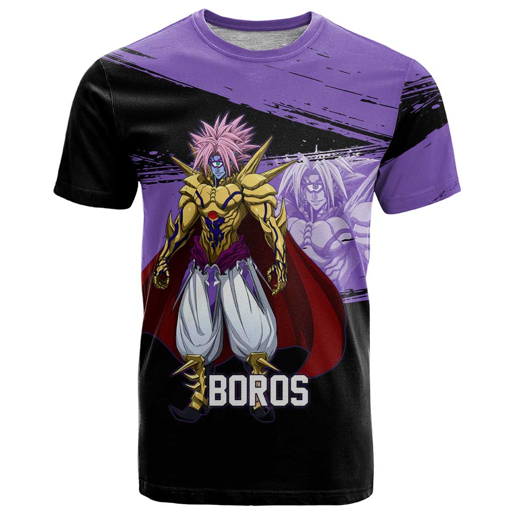 Boros One Punch Man Anime Purple and Black Theme T Shirt with Galactic Overlord Design and Intense Battle Stance - The Mazicc