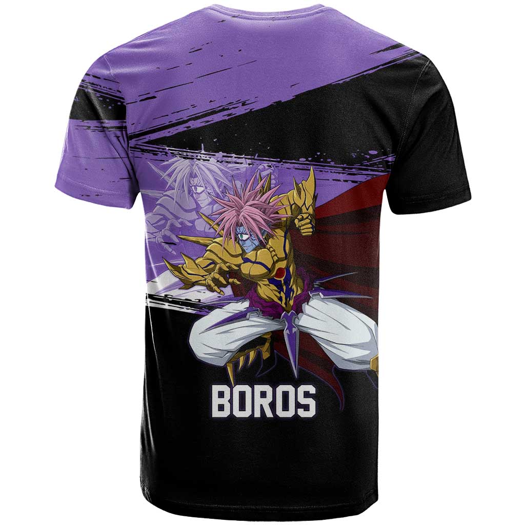 Boros One Punch Man Anime Purple and Black Theme T Shirt with Galactic Overlord Design and Intense Battle Stance - The Mazicc