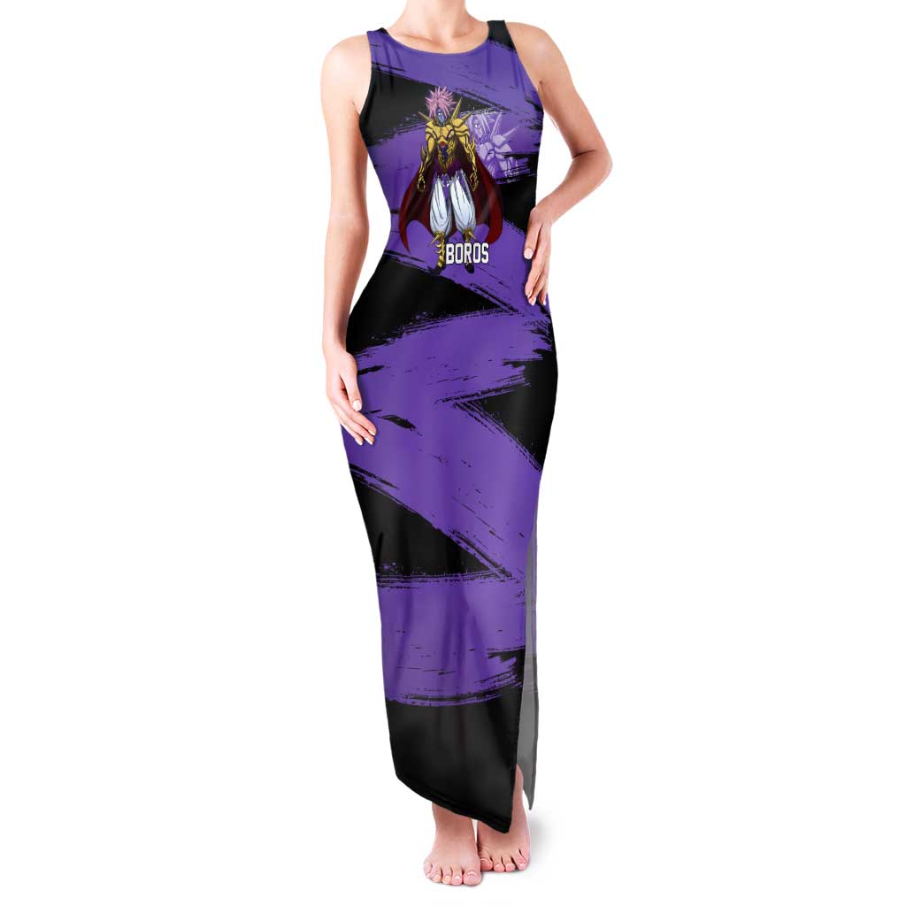 Boros One Punch Man Anime Purple and Black Theme Tank Maxi Dress with Galactic Overlord Design and Intense Battle Stance - The Mazicc
