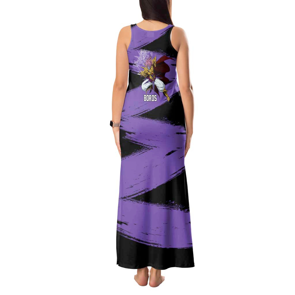 Boros One Punch Man Anime Purple and Black Theme Tank Maxi Dress with Galactic Overlord Design and Intense Battle Stance - The Mazicc
