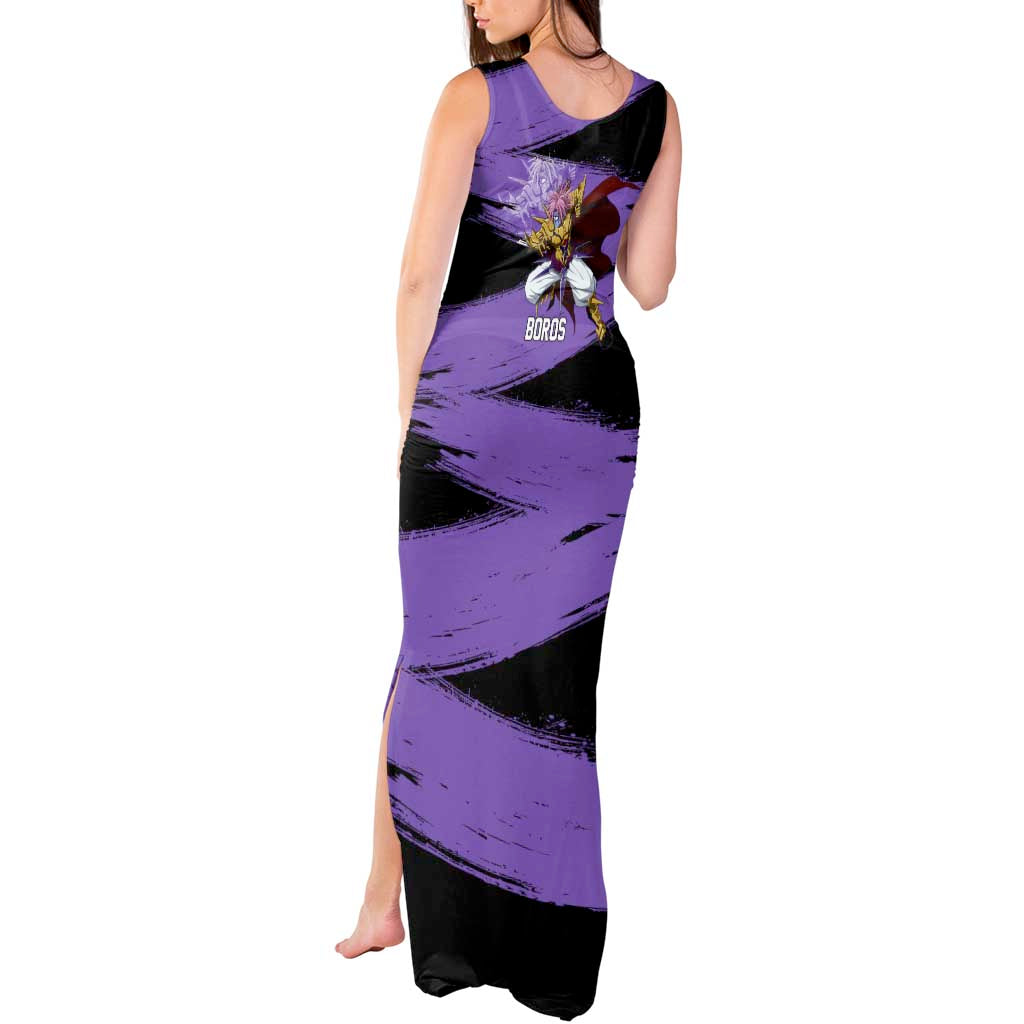 Boros One Punch Man Anime Purple and Black Theme Tank Maxi Dress with Galactic Overlord Design and Intense Battle Stance - The Mazicc