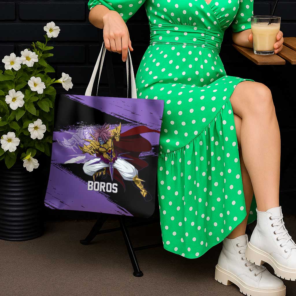 Boros One Punch Man Anime Purple and Black Theme Tote Bag with Galactic Overlord Design and Intense Battle Stance - The Mazicc