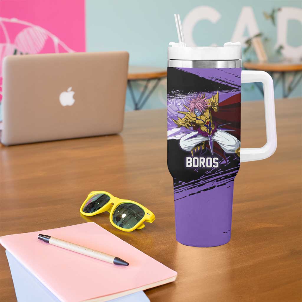 Boros One Punch Man Anime Purple and Black Theme Tumbler With Handle with Galactic Overlord Design and Intense Battle Stance - The Mazicc