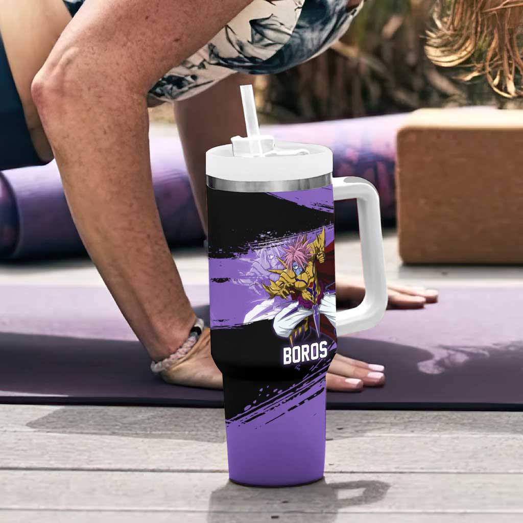 Boros One Punch Man Anime Purple and Black Theme Tumbler With Handle with Galactic Overlord Design and Intense Battle Stance - The Mazicc