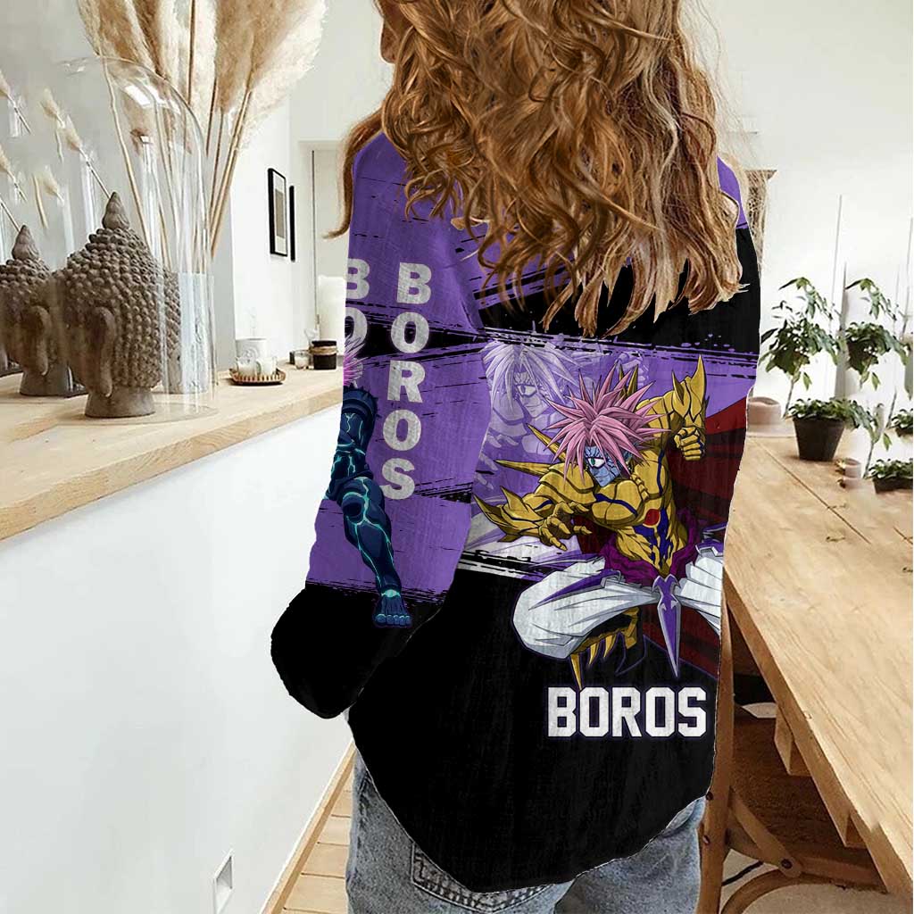 Boros One Punch Man Anime Purple and Black Theme Women Casual Shirt with Galactic Overlord Design and Intense Battle Stance - The Mazicc