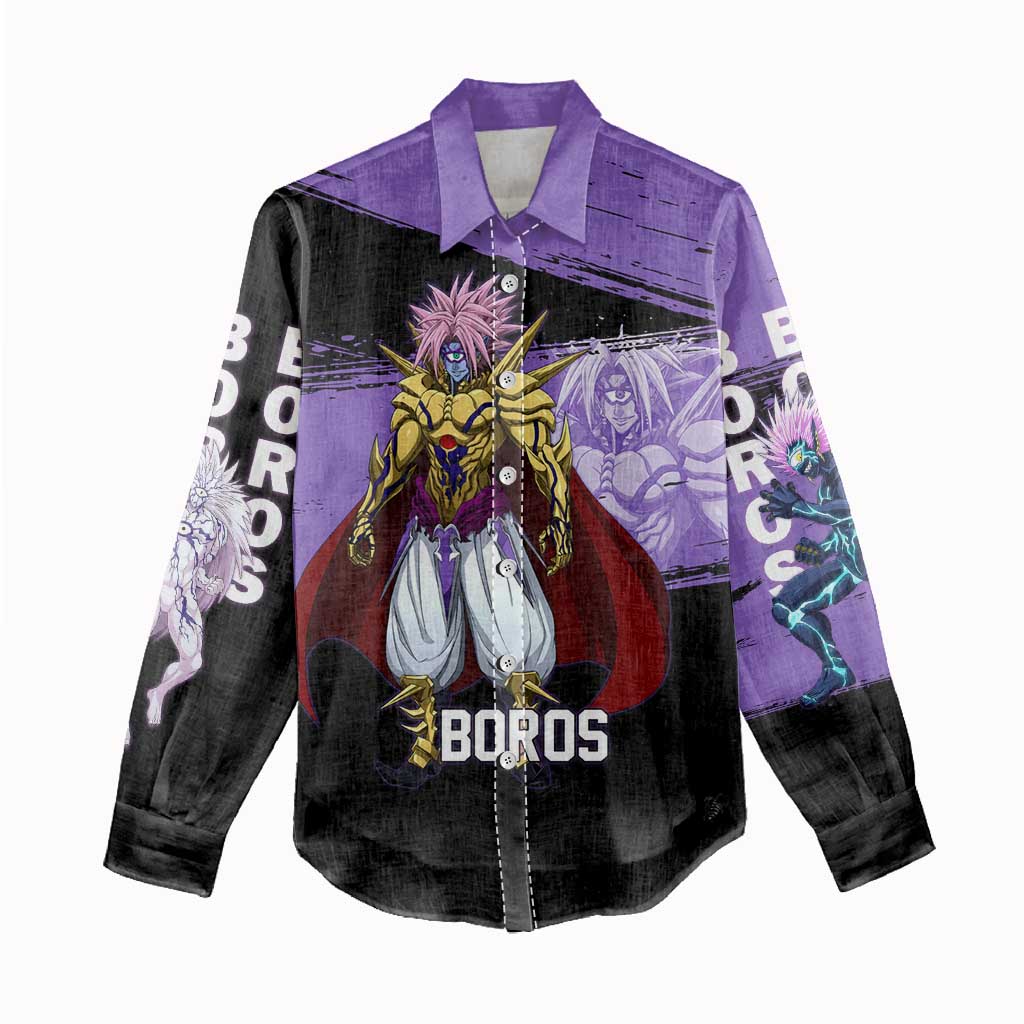 Boros One Punch Man Anime Purple and Black Theme Women Casual Shirt with Galactic Overlord Design and Intense Battle Stance - The Mazicc