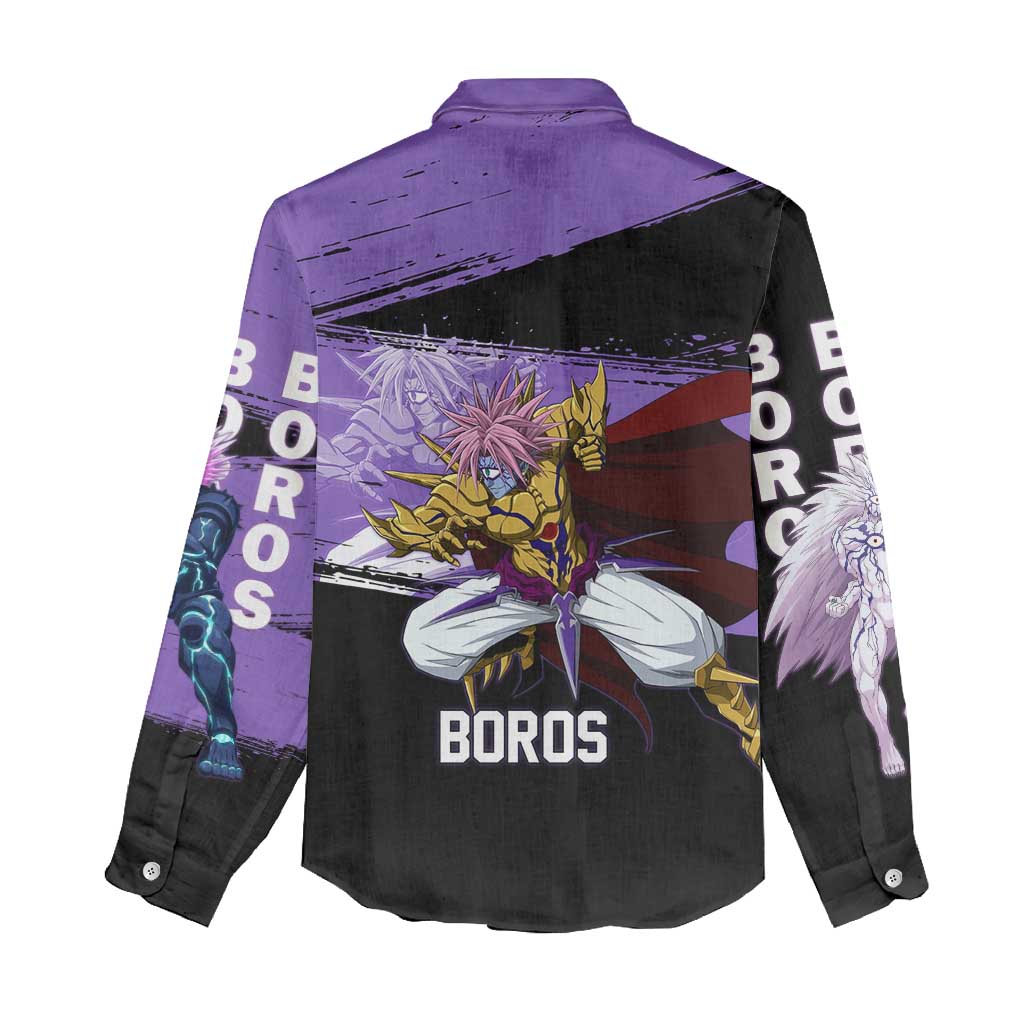 Boros One Punch Man Anime Purple and Black Theme Women Casual Shirt with Galactic Overlord Design and Intense Battle Stance - The Mazicc
