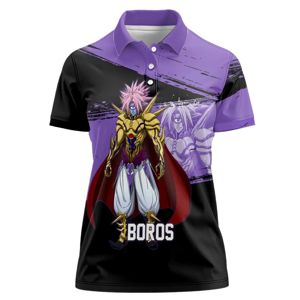 Boros One Punch Man Anime Purple and Black Theme Women Polo Shirt with Galactic Overlord Design and Intense Battle Stance - The Mazicc