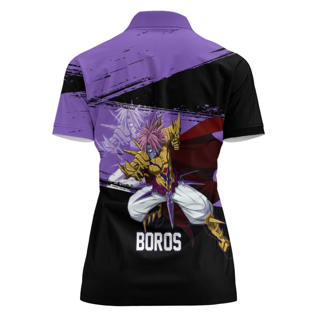 Boros One Punch Man Anime Purple and Black Theme Women Polo Shirt with Galactic Overlord Design and Intense Battle Stance - The Mazicc