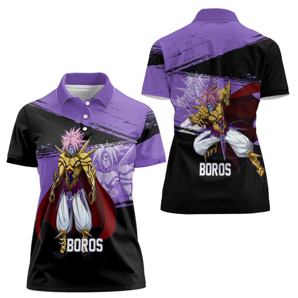 Boros One Punch Man Anime Purple and Black Theme Women Polo Shirt with Galactic Overlord Design and Intense Battle Stance - The Mazicc