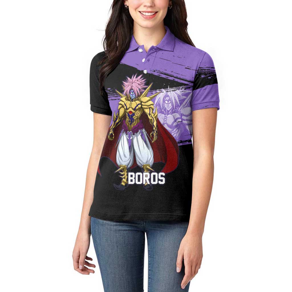 Boros One Punch Man Anime Purple and Black Theme Women Polo Shirt with Galactic Overlord Design and Intense Battle Stance - The Mazicc