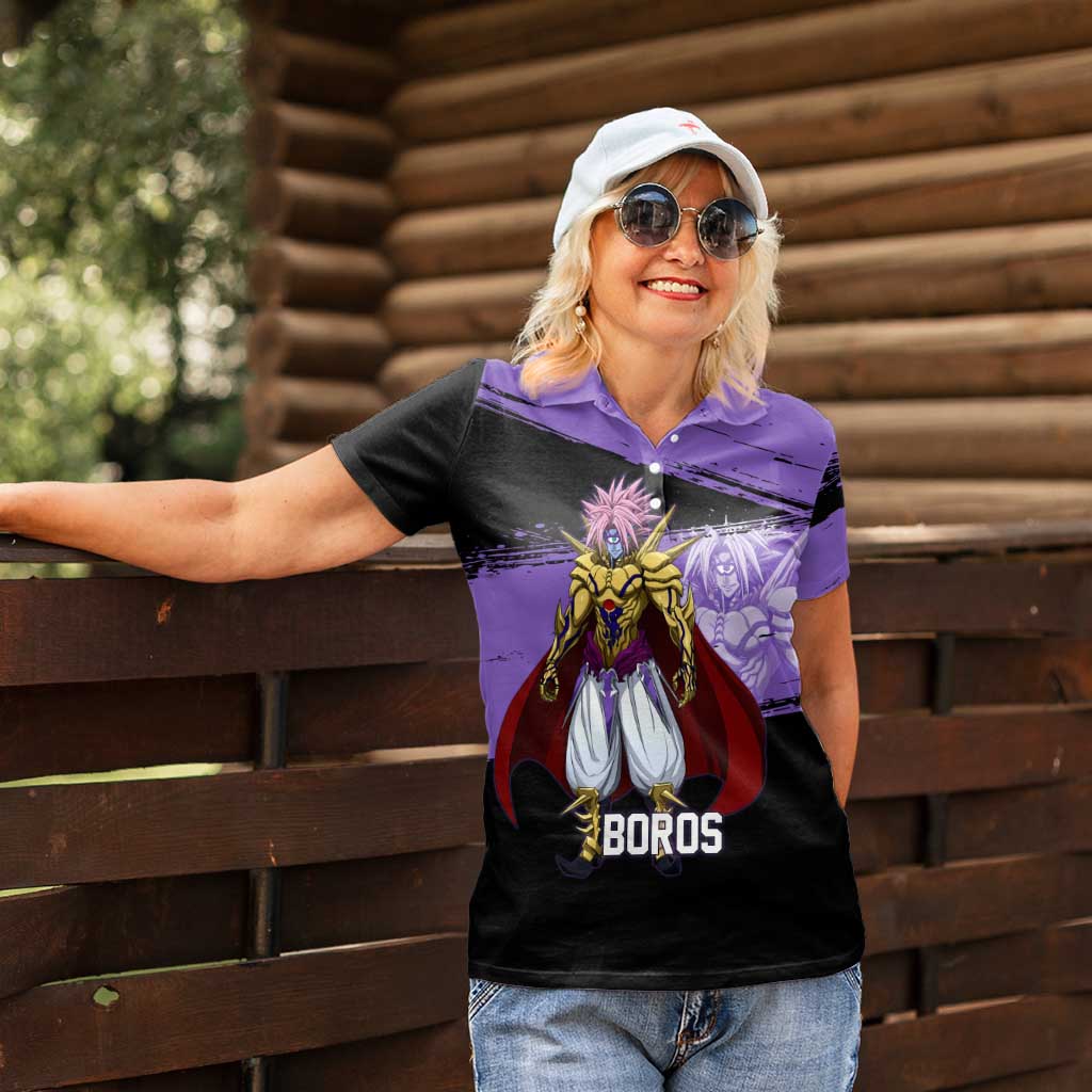 Boros One Punch Man Anime Purple and Black Theme Women Polo Shirt with Galactic Overlord Design and Intense Battle Stance - The Mazicc