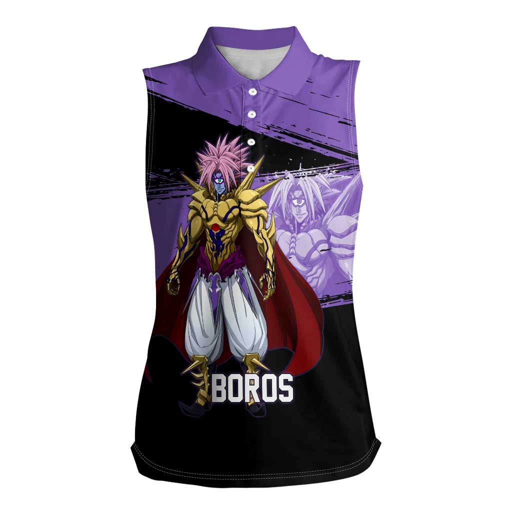 Boros One Punch Man Anime Purple and Black Theme Women Sleeveless Polo Shirt with Galactic Overlord Design and Intense Battle Stance - The Mazicc