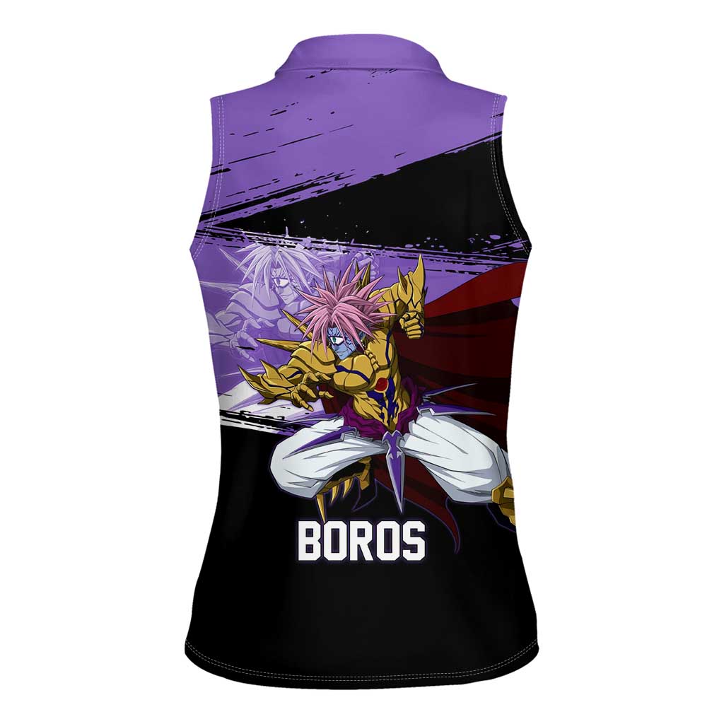 Boros One Punch Man Anime Purple and Black Theme Women Sleeveless Polo Shirt with Galactic Overlord Design and Intense Battle Stance - The Mazicc