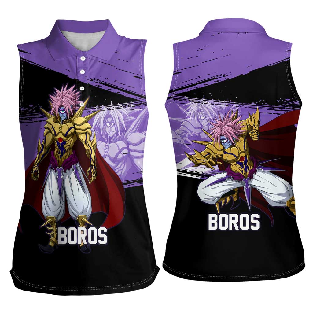Boros One Punch Man Anime Purple and Black Theme Women Sleeveless Polo Shirt with Galactic Overlord Design and Intense Battle Stance - The Mazicc