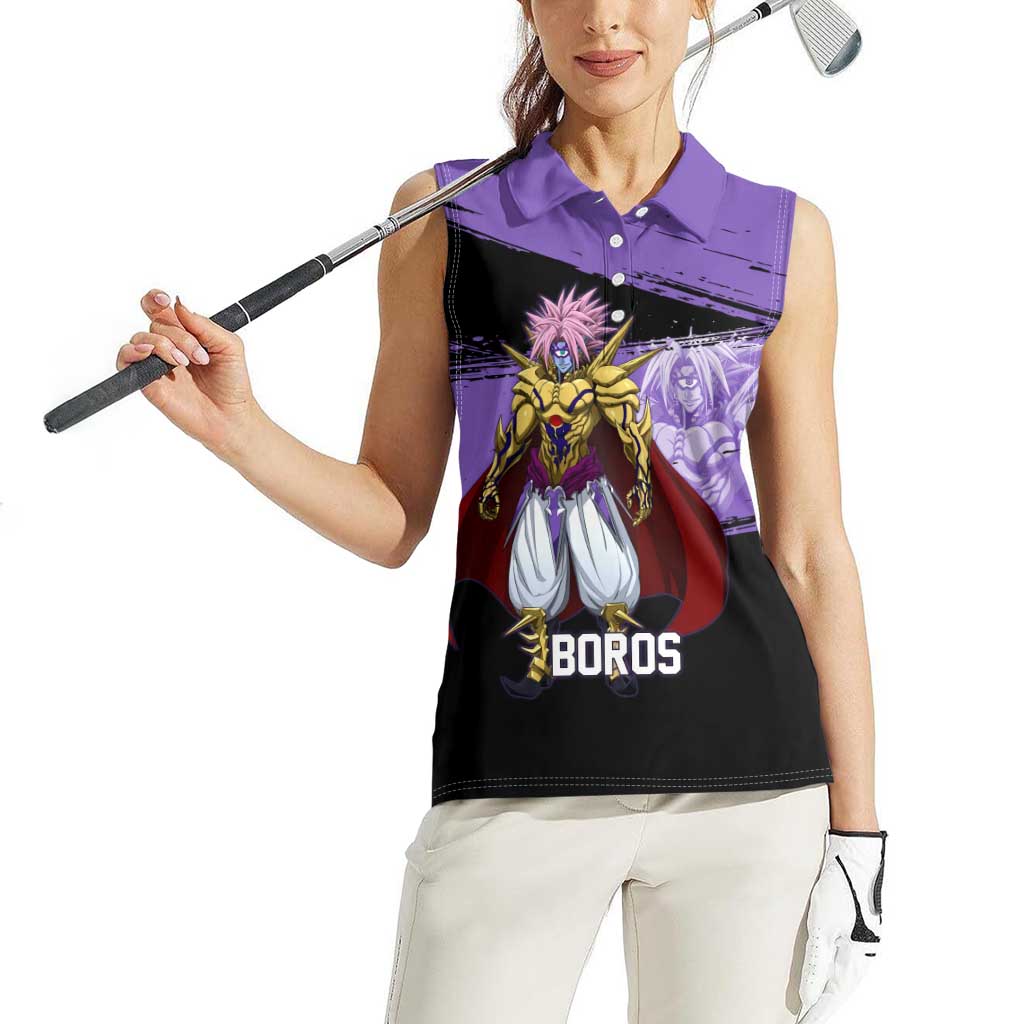 Boros One Punch Man Anime Purple and Black Theme Women Sleeveless Polo Shirt with Galactic Overlord Design and Intense Battle Stance - The Mazicc