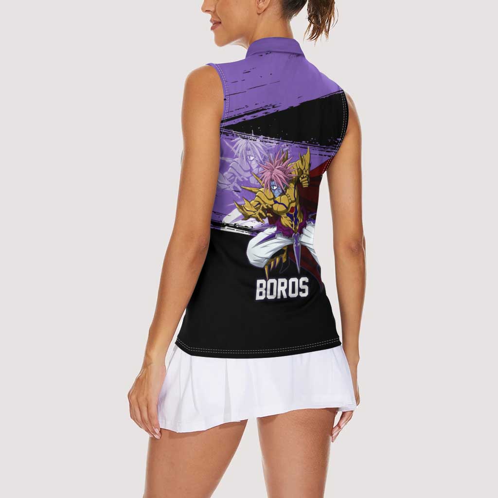 Boros One Punch Man Anime Purple and Black Theme Women Sleeveless Polo Shirt with Galactic Overlord Design and Intense Battle Stance - The Mazicc
