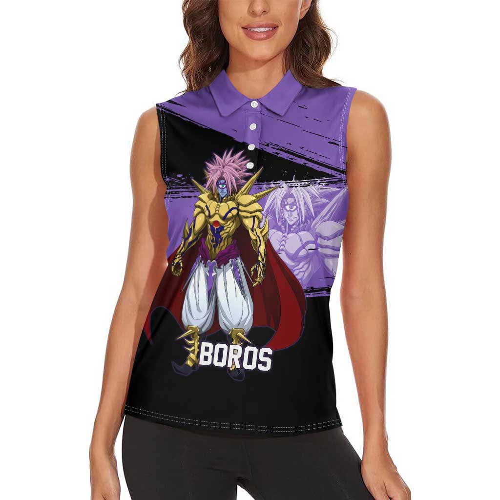 Boros One Punch Man Anime Purple and Black Theme Women Sleeveless Polo Shirt with Galactic Overlord Design and Intense Battle Stance - The Mazicc
