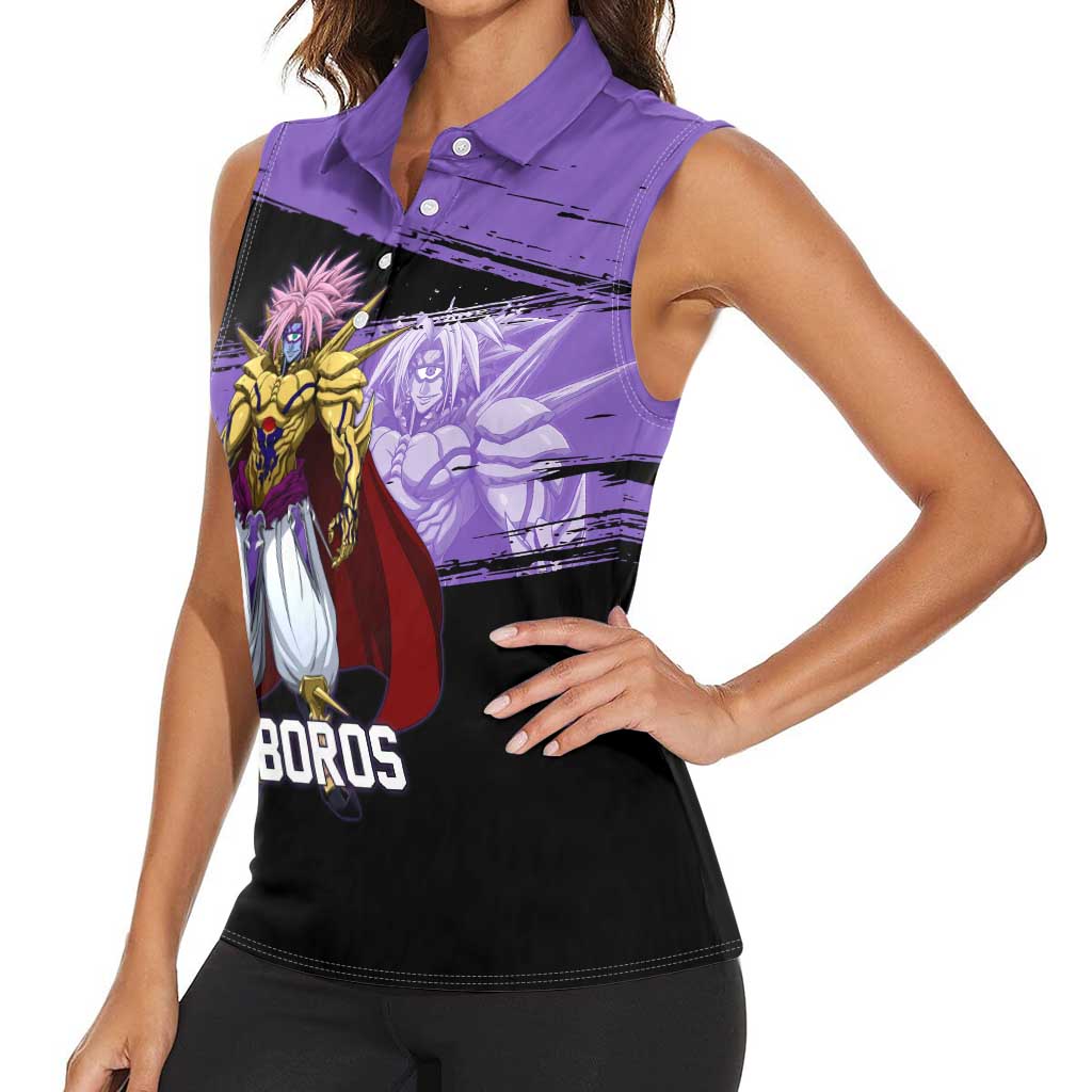 Boros One Punch Man Anime Purple and Black Theme Women Sleeveless Polo Shirt with Galactic Overlord Design and Intense Battle Stance - The Mazicc