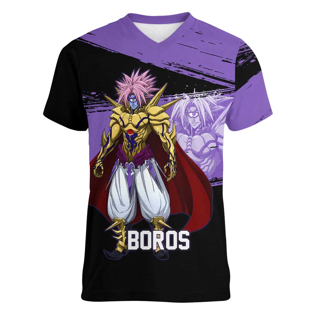 Boros One Punch Man Anime Purple and Black Theme Women V-Neck T-Shirt with Galactic Overlord Design and Intense Battle Stance - The Mazicc