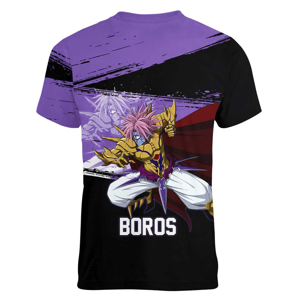 Boros One Punch Man Anime Purple and Black Theme Women V-Neck T-Shirt with Galactic Overlord Design and Intense Battle Stance - The Mazicc