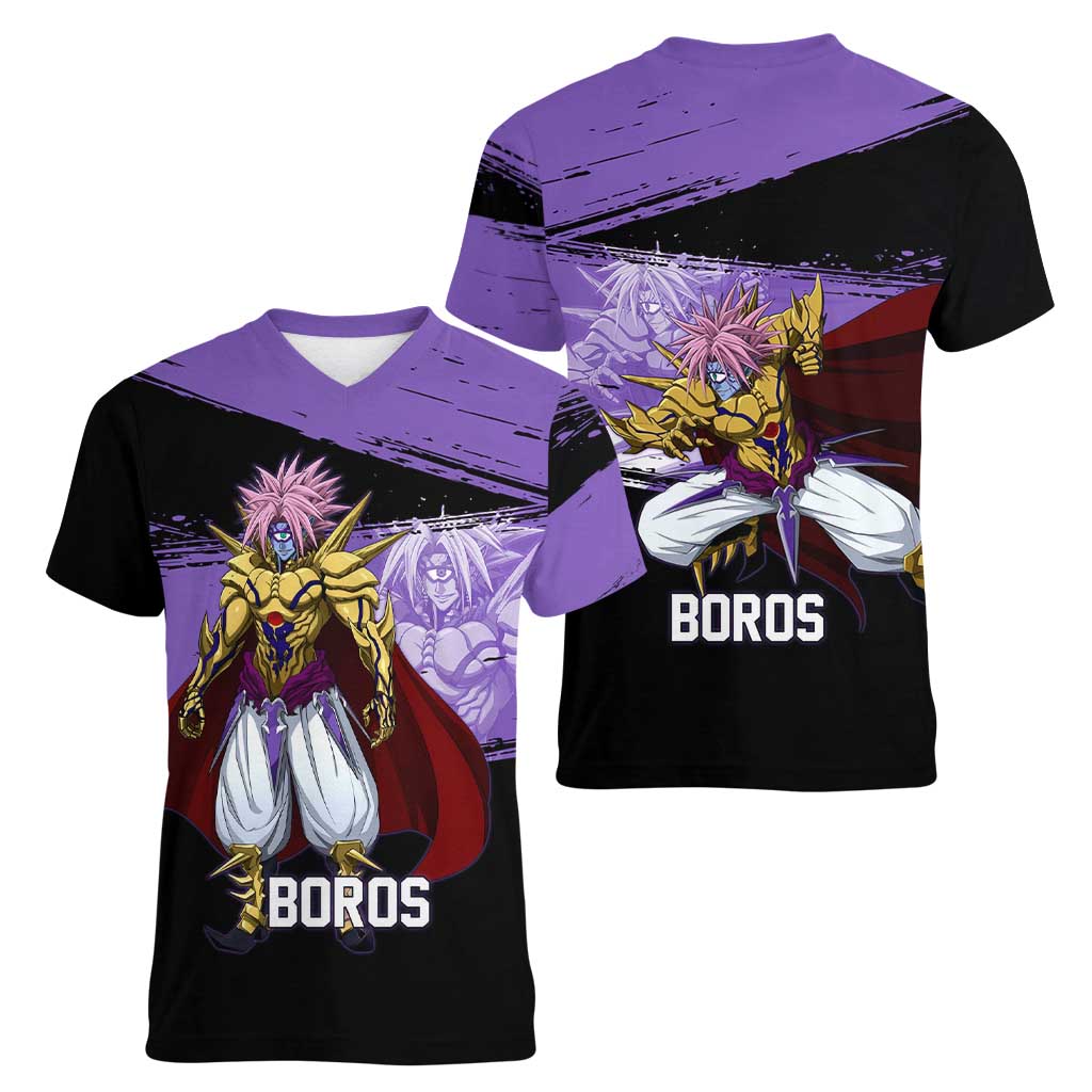 Boros One Punch Man Anime Purple and Black Theme Women V-Neck T-Shirt with Galactic Overlord Design and Intense Battle Stance - The Mazicc