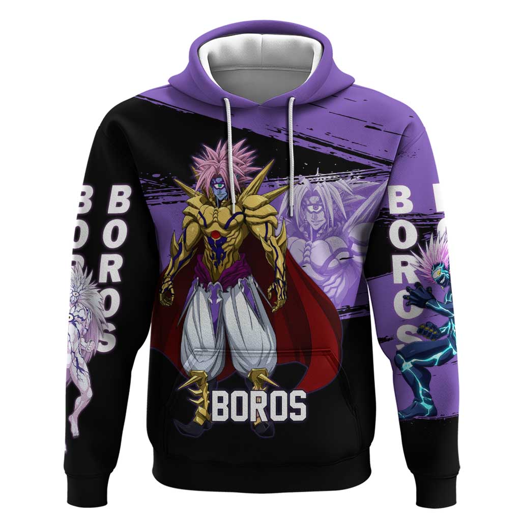 Boros One Punch Man Anime Purple and Black Theme Zip Hoodie with Galactic Overlord Design and Intense Battle Stance - The Mazicc