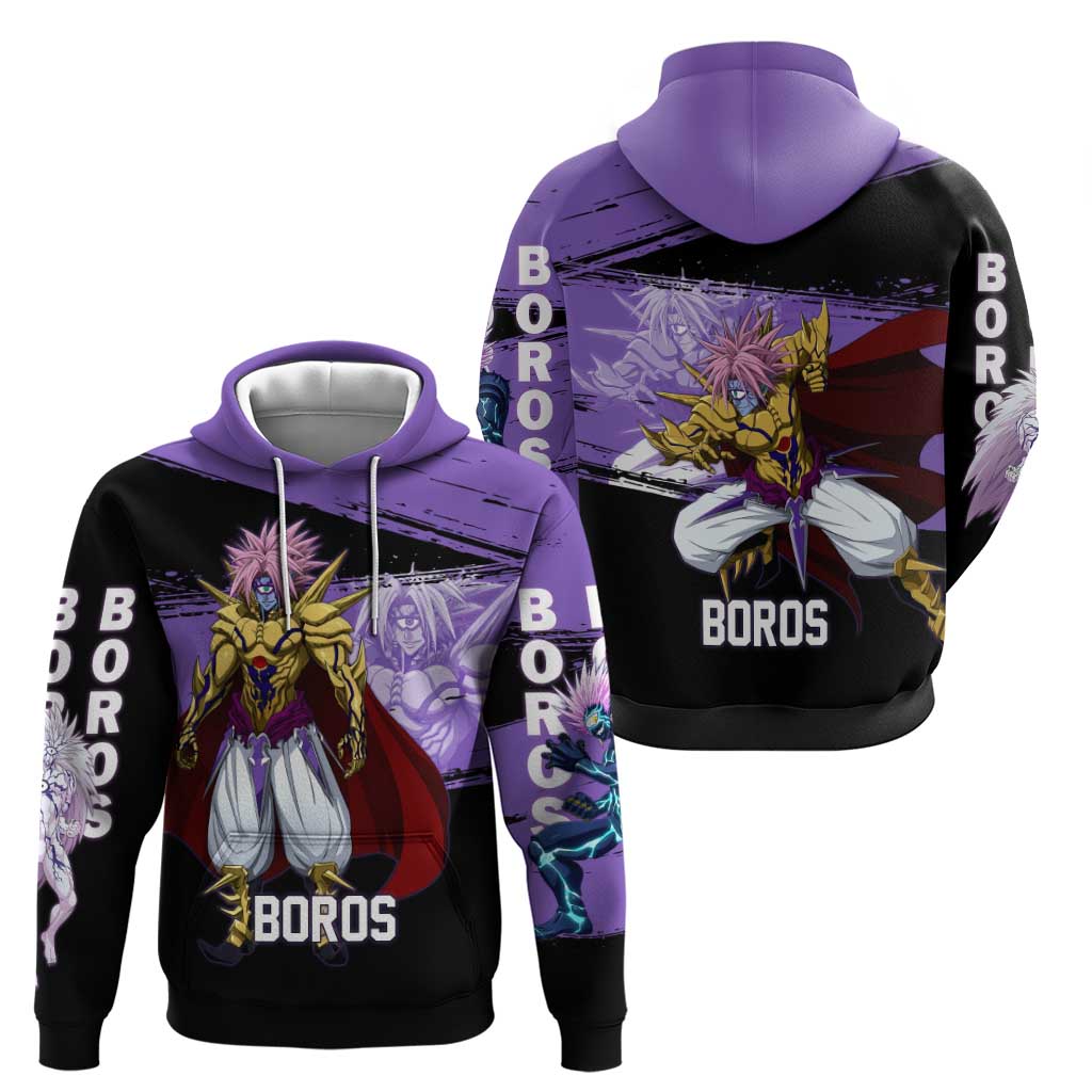 Boros One Punch Man Anime Purple and Black Theme Zip Hoodie with Galactic Overlord Design and Intense Battle Stance - The Mazicc