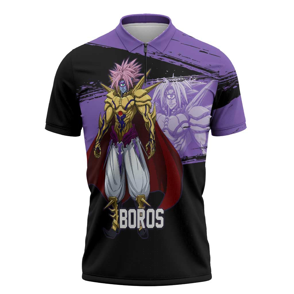 Boros One Punch Man Anime Purple and Black Theme Zipper Polo Shirt with Galactic Overlord Design and Intense Battle Stance - The Mazicc