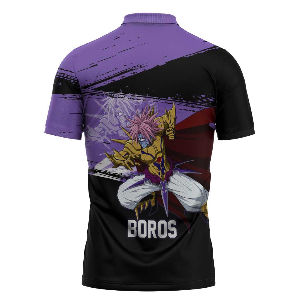 Boros One Punch Man Anime Purple and Black Theme Zipper Polo Shirt with Galactic Overlord Design and Intense Battle Stance - The Mazicc