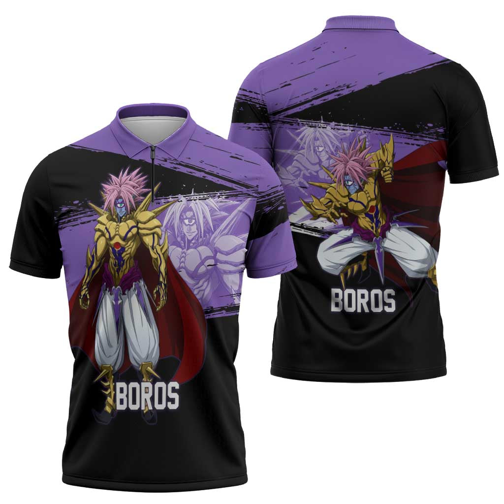 Boros One Punch Man Anime Purple and Black Theme Zipper Polo Shirt with Galactic Overlord Design and Intense Battle Stance - The Mazicc