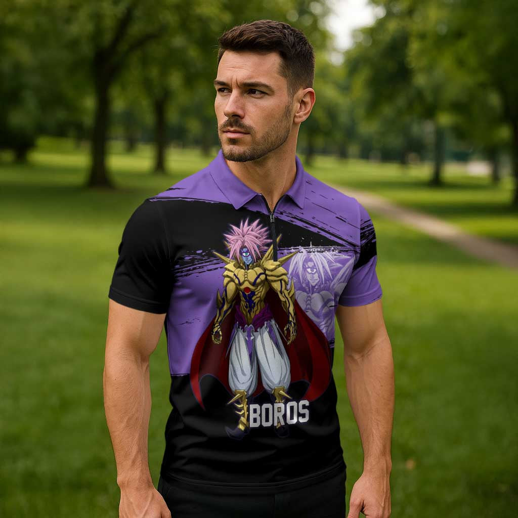 Boros One Punch Man Anime Purple and Black Theme Zipper Polo Shirt with Galactic Overlord Design and Intense Battle Stance - The Mazicc
