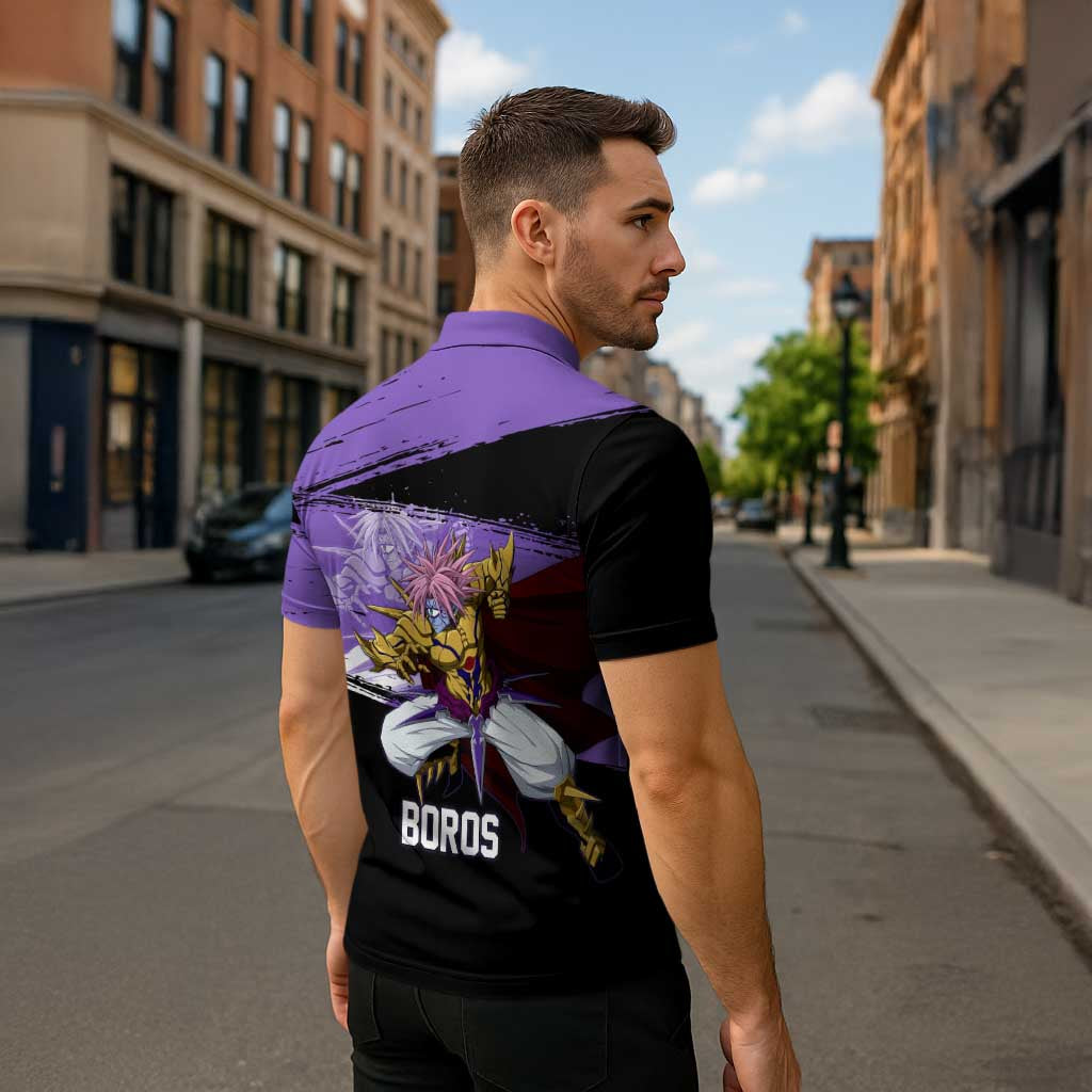 Boros One Punch Man Anime Purple and Black Theme Zipper Polo Shirt with Galactic Overlord Design and Intense Battle Stance - The Mazicc