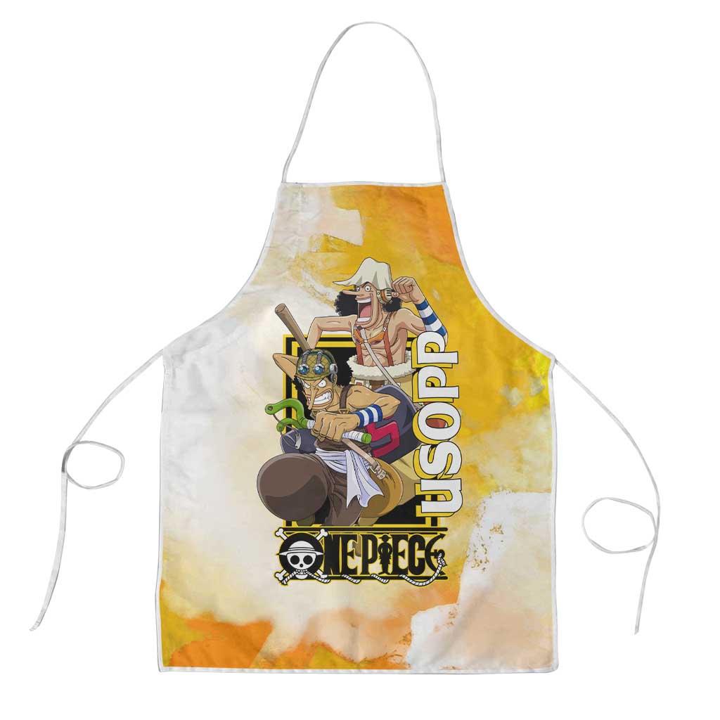 Usopp One Piece Yellow and White Theme Apron with Sniper Pose and Sogeking Mask Design - The Mazicc