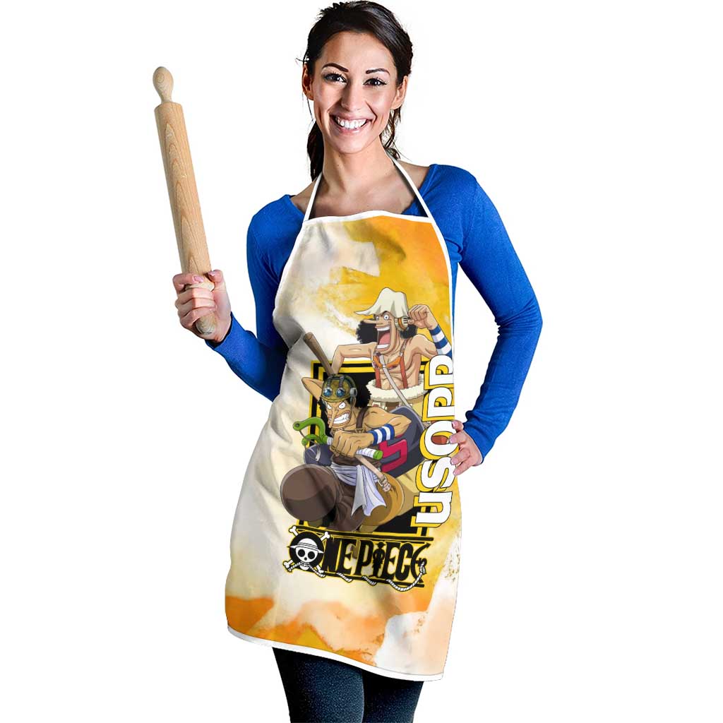 Usopp One Piece Yellow and White Theme Apron with Sniper Pose and Sogeking Mask Design - The Mazicc