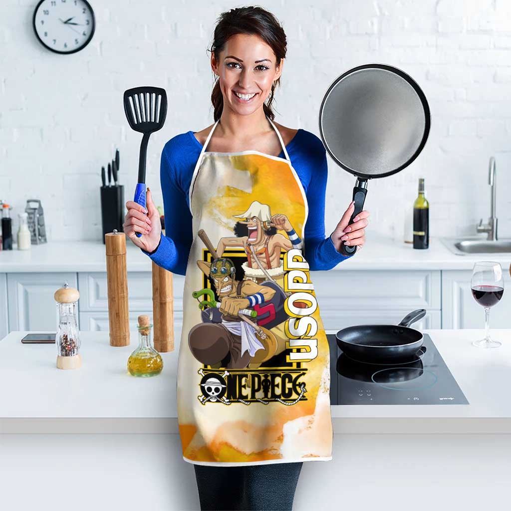 Usopp One Piece Yellow and White Theme Apron with Sniper Pose and Sogeking Mask Design - The Mazicc