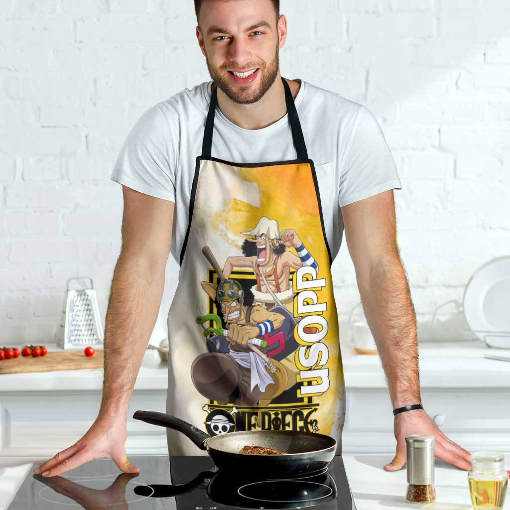 Usopp One Piece Yellow and White Theme Apron with Sniper Pose and Sogeking Mask Design - The Mazicc