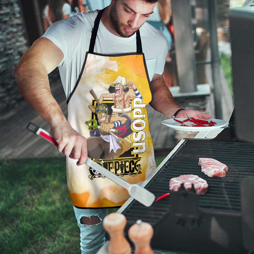 Usopp One Piece Yellow and White Theme Apron with Sniper Pose and Sogeking Mask Design - The Mazicc