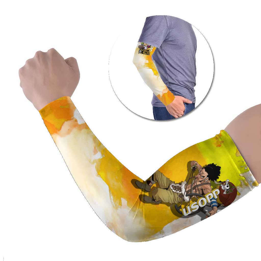 Usopp One Piece Yellow and White Theme Arm Sleeves with Sniper Pose and Sogeking Mask Design - The Mazicc