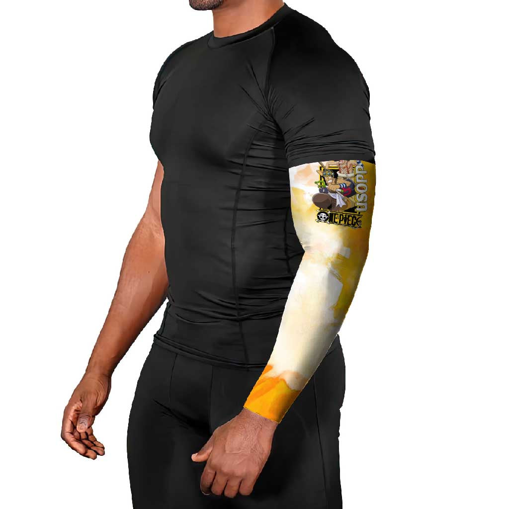 Usopp One Piece Yellow and White Theme Arm Sleeves with Sniper Pose and Sogeking Mask Design - The Mazicc
