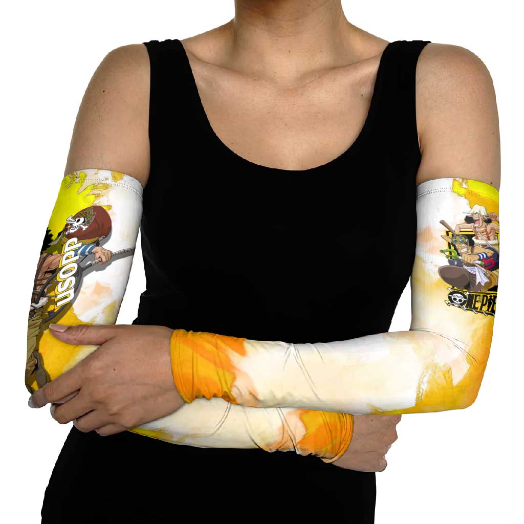 Usopp One Piece Yellow and White Theme Arm Sleeves with Sniper Pose and Sogeking Mask Design - The Mazicc