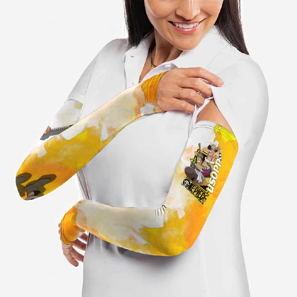 Usopp One Piece Yellow and White Theme Arm Sleeves with Sniper Pose and Sogeking Mask Design - The Mazicc