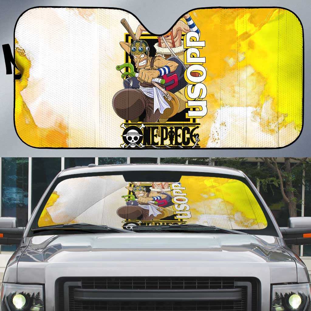 Usopp One Piece Yellow and White Theme Auto Sun Shade with Sniper Pose and Sogeking Mask Design - The Mazicc