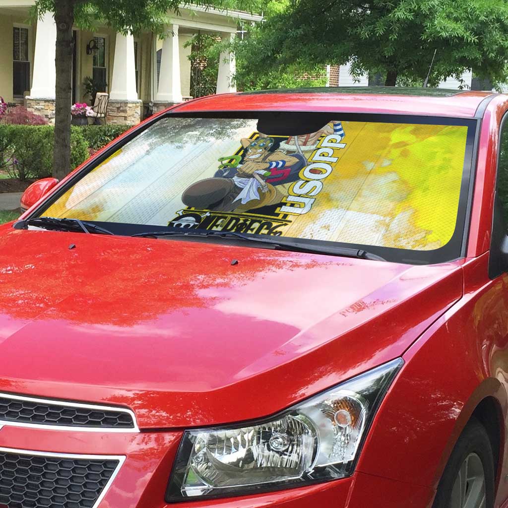 Usopp One Piece Yellow and White Theme Auto Sun Shade with Sniper Pose and Sogeking Mask Design - The Mazicc
