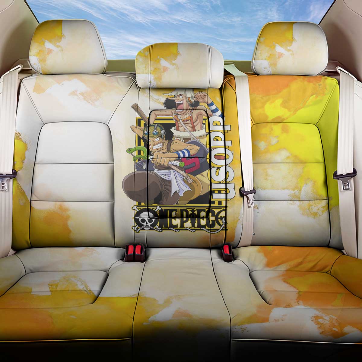 Usopp One Piece Yellow and White Theme Back Car Seat Cover with Sniper Pose and Sogeking Mask Design - The Mazicc