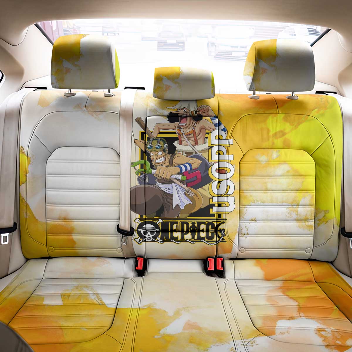 Usopp One Piece Yellow and White Theme Back Car Seat Cover with Sniper Pose and Sogeking Mask Design - The Mazicc