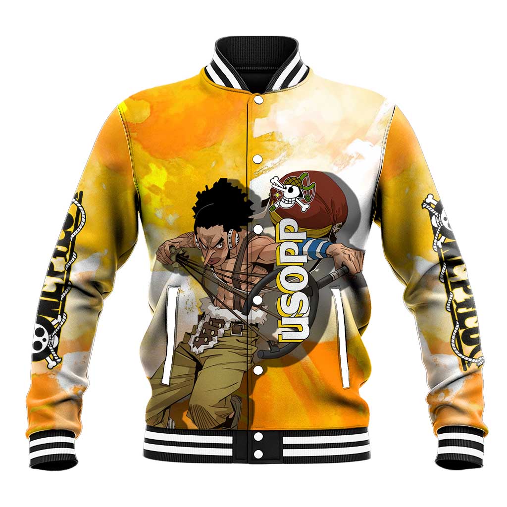 Usopp One Piece Yellow and White Theme Baseball Jacket with Sniper Pose and Sogeking Mask Design - The Mazicc