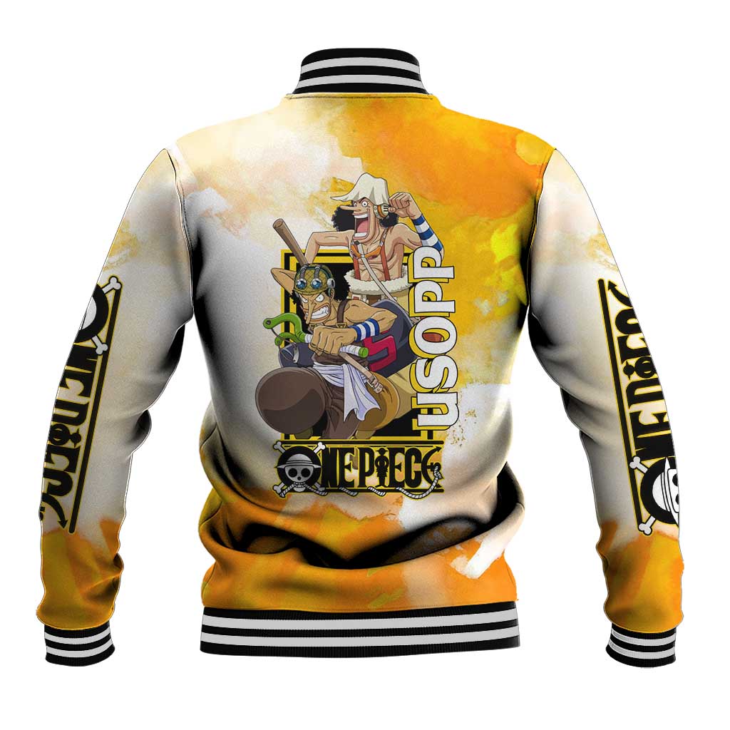 Usopp One Piece Yellow and White Theme Baseball Jacket with Sniper Pose and Sogeking Mask Design - The Mazicc