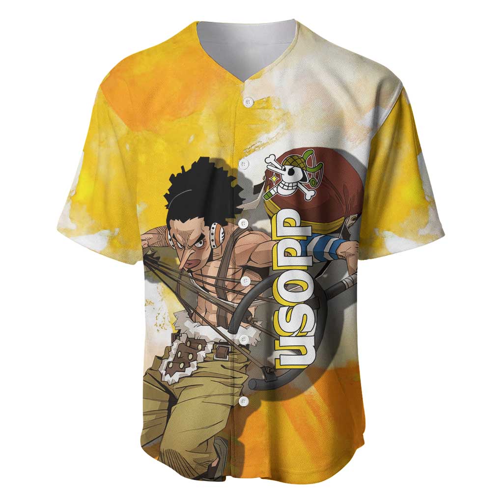 Usopp One Piece Yellow and White Theme Baseball Jersey with Sniper Pose and Sogeking Mask Design - The Mazicc