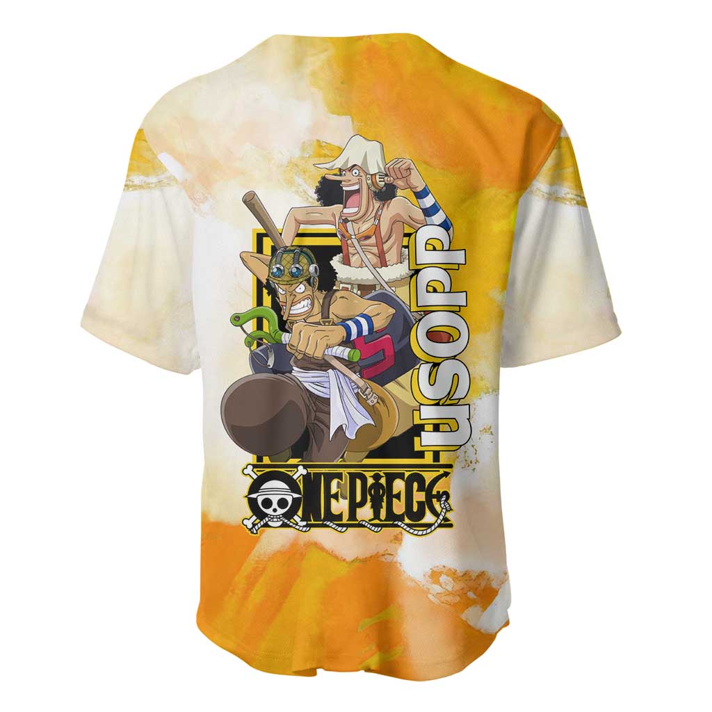 Usopp One Piece Yellow and White Theme Baseball Jersey with Sniper Pose and Sogeking Mask Design - The Mazicc